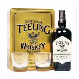 Teeling Small Batch Whiskey In Gold Tin with 2 Glasses