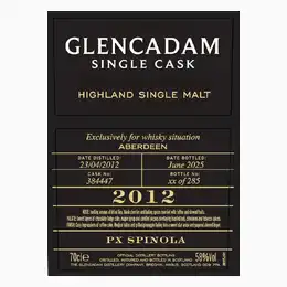 Glencadam 13 Year Old 2012 Single PX Spinola Cask Whisky Situation Aberdeen Bar Launch Exclusive Highland Single Malt Scotch Whisky  70cl