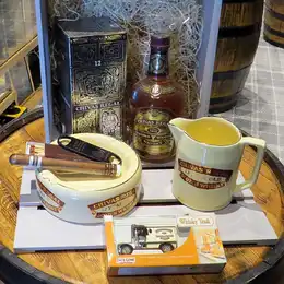 Chivas Nostalgia 1980s Gift Hamper - 12 Year Old Blended Scotch Whisky , Miniature 5cl, LLedo 1:76 Model, Branded Jug and Ashtray by Wade PDM, Havana Cigar with accessories