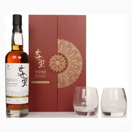 Indri Trini Three Wood Indian Single Malt Gift Set with 2x Glasses  Whisky 70cl