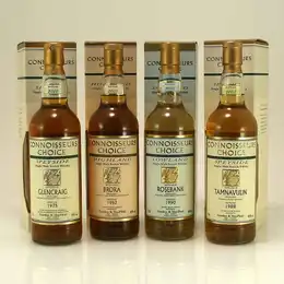 Brora Distillery 1982 Single Malt, Rosebank Distillery 1990 Single Malt, Glencraig from Glenburgie Distillery 1975 Single Malt, Tamnavulin Distillery 1988 Single Malt Scotch Whisky - 4 bottle set from Gordon and MacPhail Connoisseurs Choice 4 x 70cl
