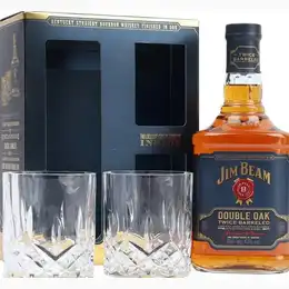 Jim Beam Double Oak Bourbon Whiskey with 2 Glasses Gift Set, 70 cl